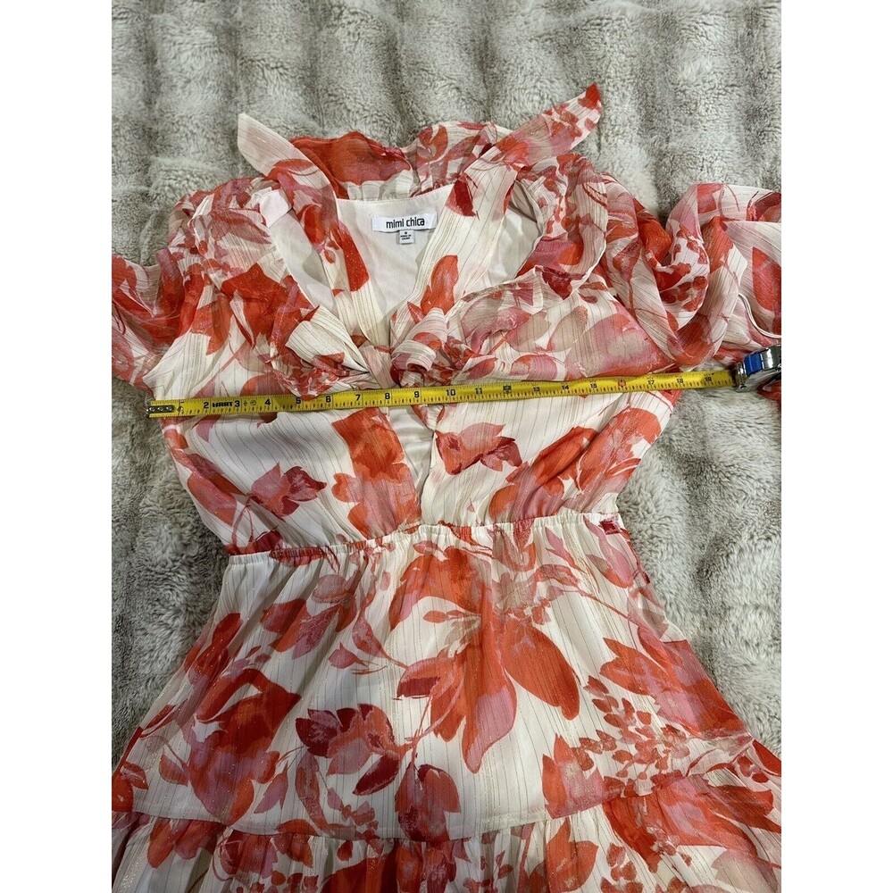 Mimi Chica Floral pink Long Sleeve Ruffle Tie Dress Size Small Chifon Mini - Picture 10 of 14